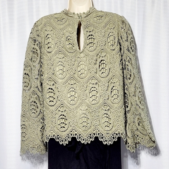 Ultra Pink Sage Crochet Lacey Scalloped Bell Sleeve & Lined Pop Over Blouse (L) - Picture 6 of 12